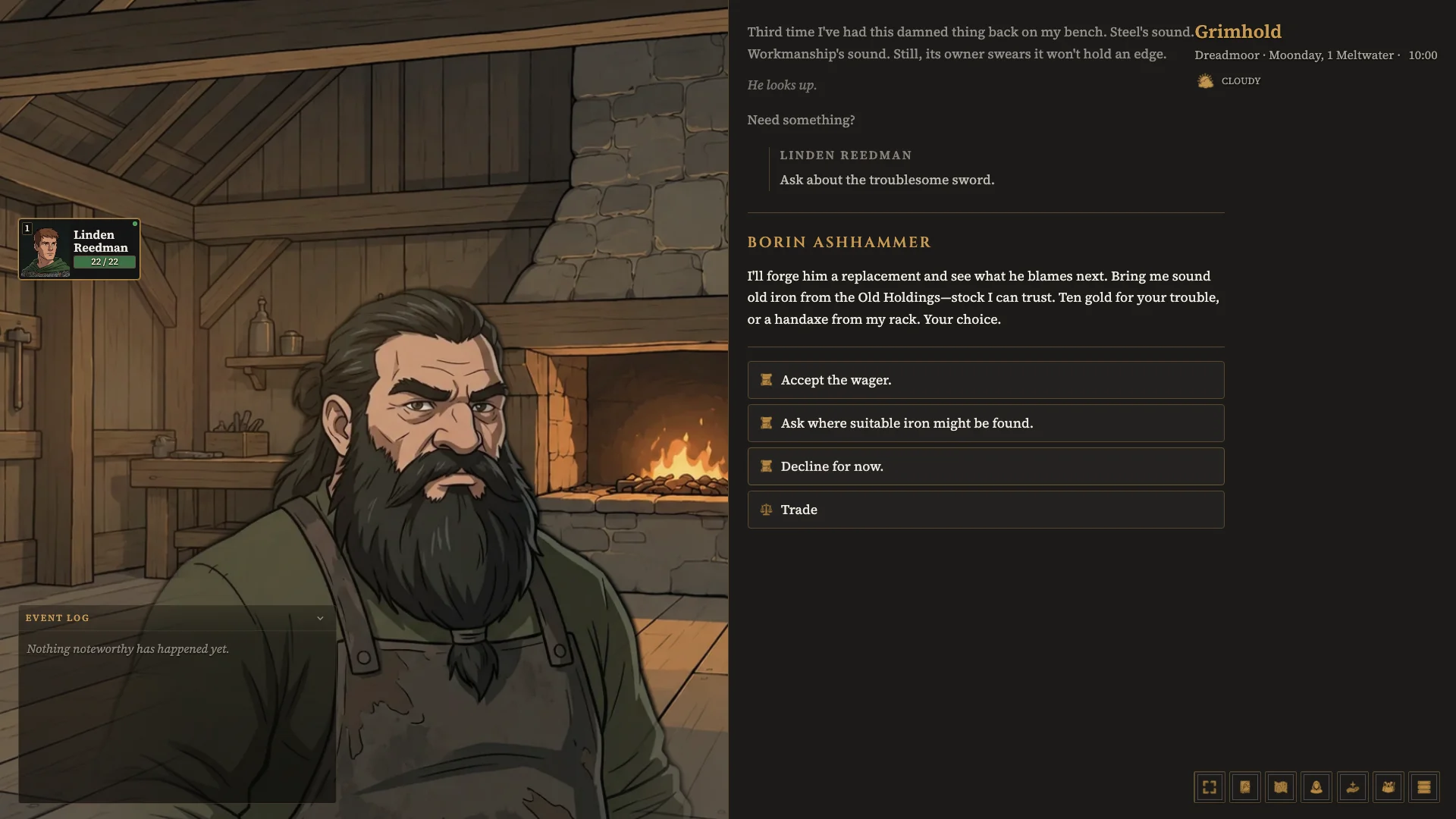 Borin Ashhammer discusses a troublesome sword at his forge and offers a wager to find sound iron, with dialogue choices visible.