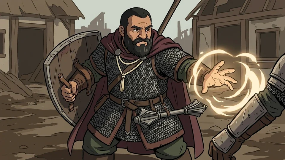 Cleric calling illustration: an armored healer protecting a companion.