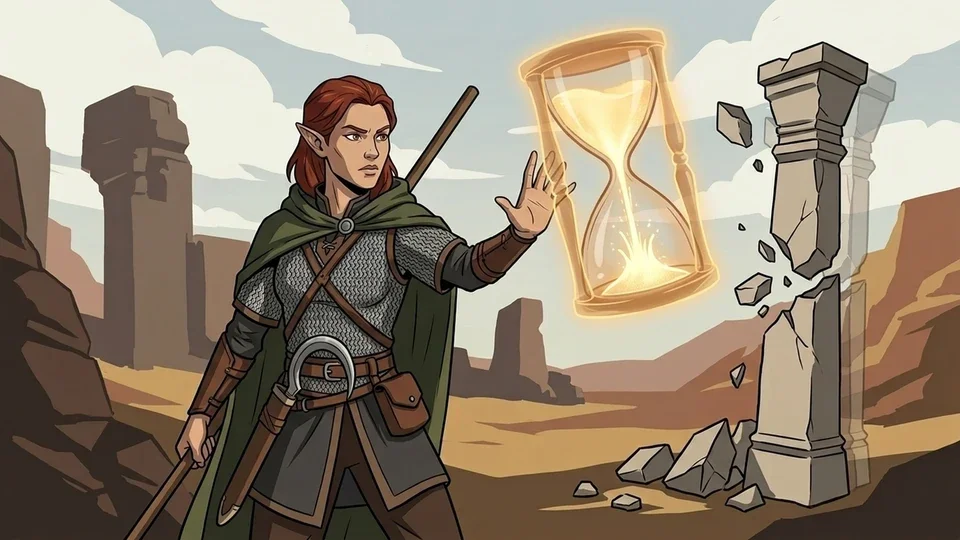 Keeper calling illustration: an elven spellcaster manipulating time with a luminous hourglass.