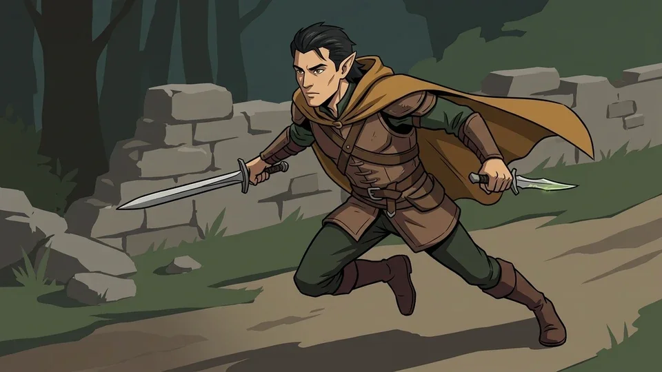 Rogue calling illustration: an agile fighter exploiting an opening in close combat.