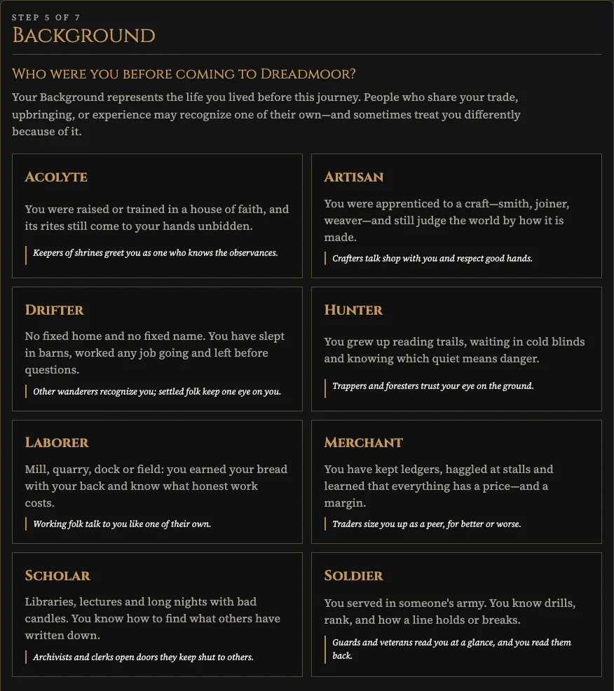 Authentic character creation Background step showing eight authored options before making a selection.