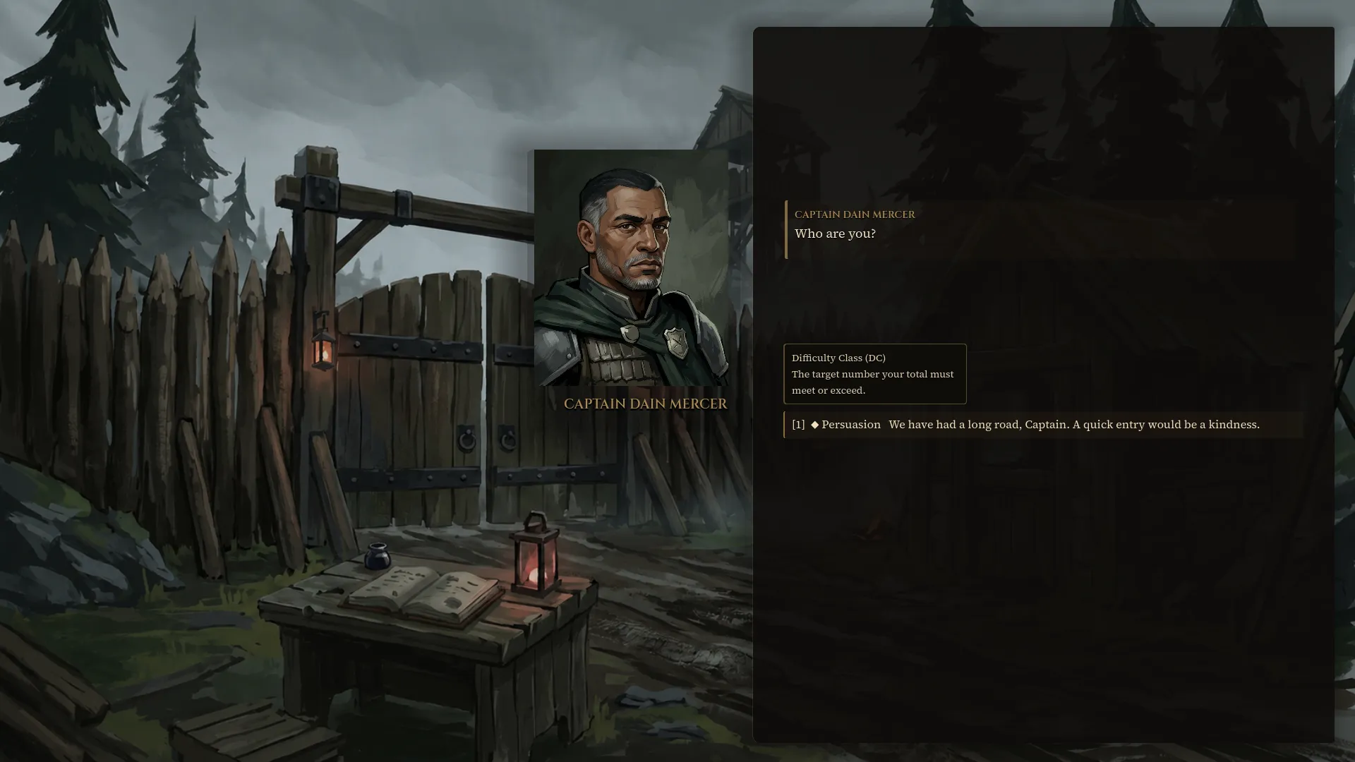 A persuasion-tagged dialogue response offered to Captain Dain Mercer, with a difficulty-class explainer above it.