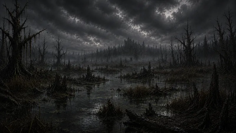 A dead, fog-bound marsh beneath a storm-heavy sky.