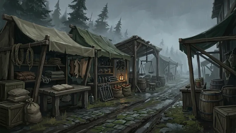 A rain-soaked market row of merchant stalls beneath the tree line.