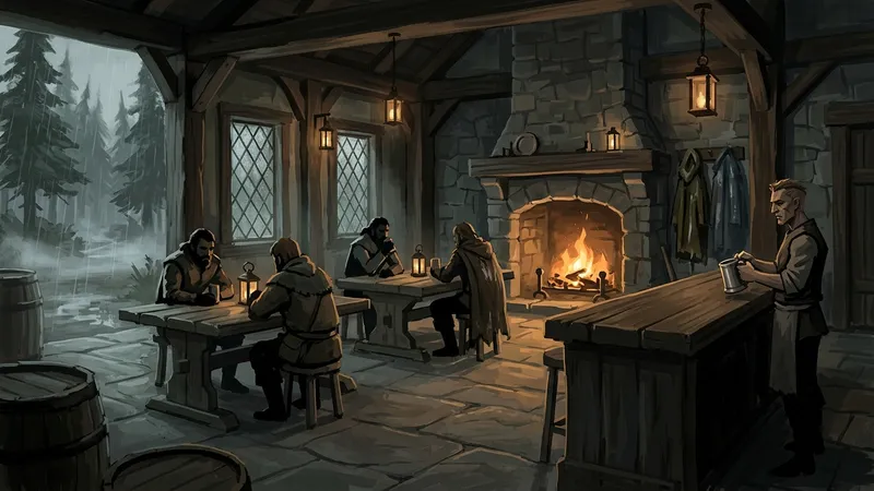Travelers warming themselves by the fire inside the Tallow Horn Inn.