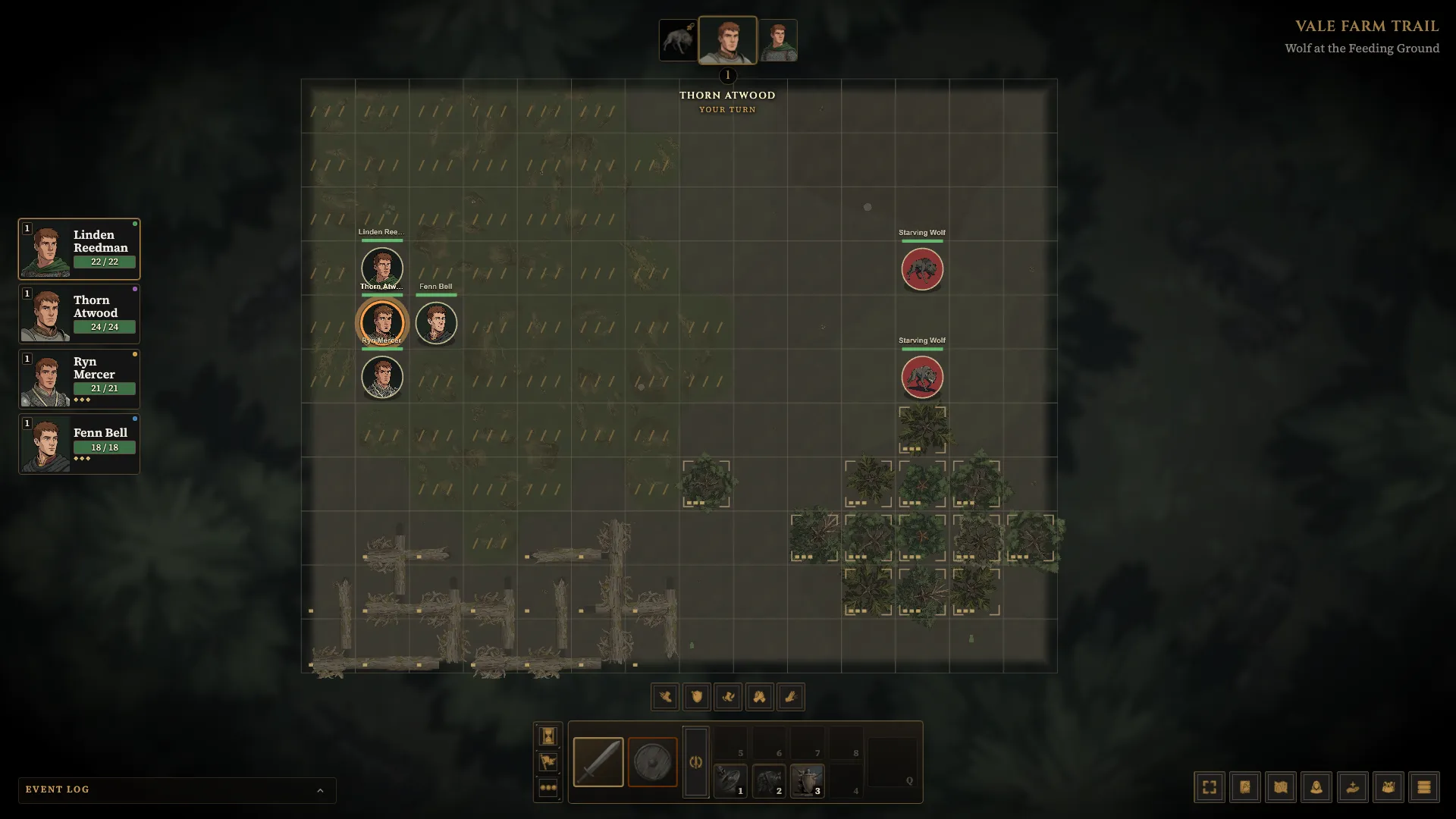 A tactical encounter in a forest clearing, showing the party, two starving wolves, and the combat grid.