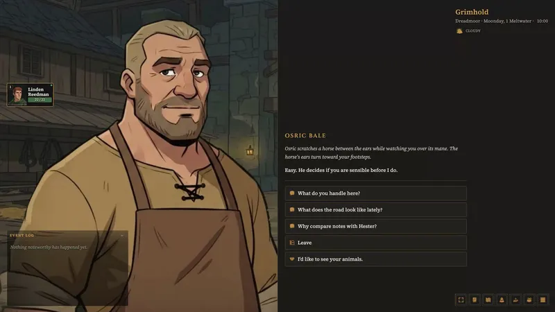 Conversation with Osric Bale in the Grimhold stables, showing his portrait and player response choices.