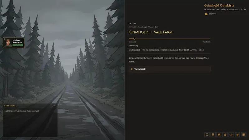 A paused journey from Grimhold toward Vale Farm, showing the road and travel controls.