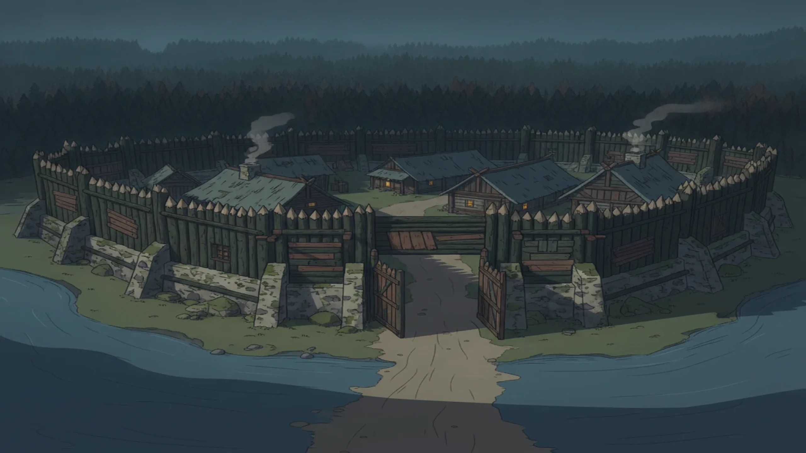 Grimhold's timber palisades, open gate, and frontier homes surrounded by forest.