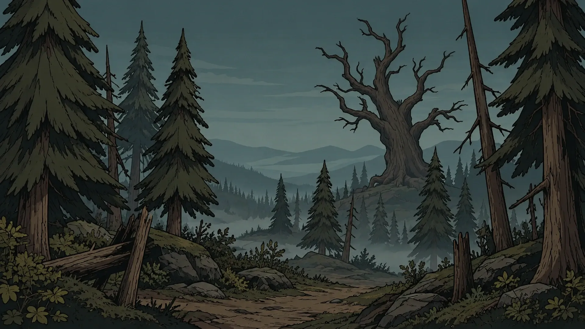 A dark forest road in the frontier of Dreadmoor.