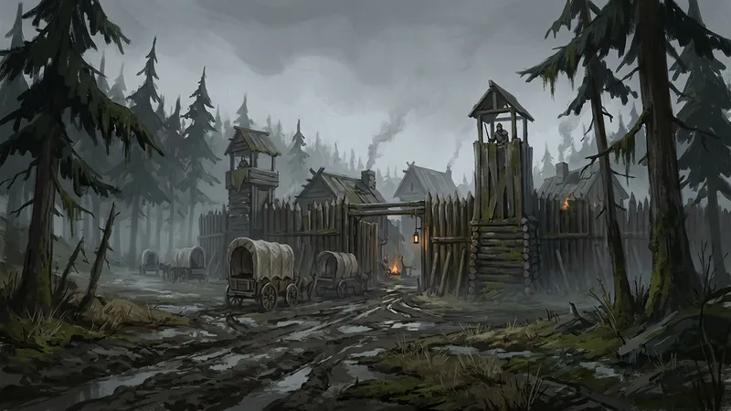 A fortified wooden gate at the entrance to Grimhold, wagons parked outside under a stormy sky.