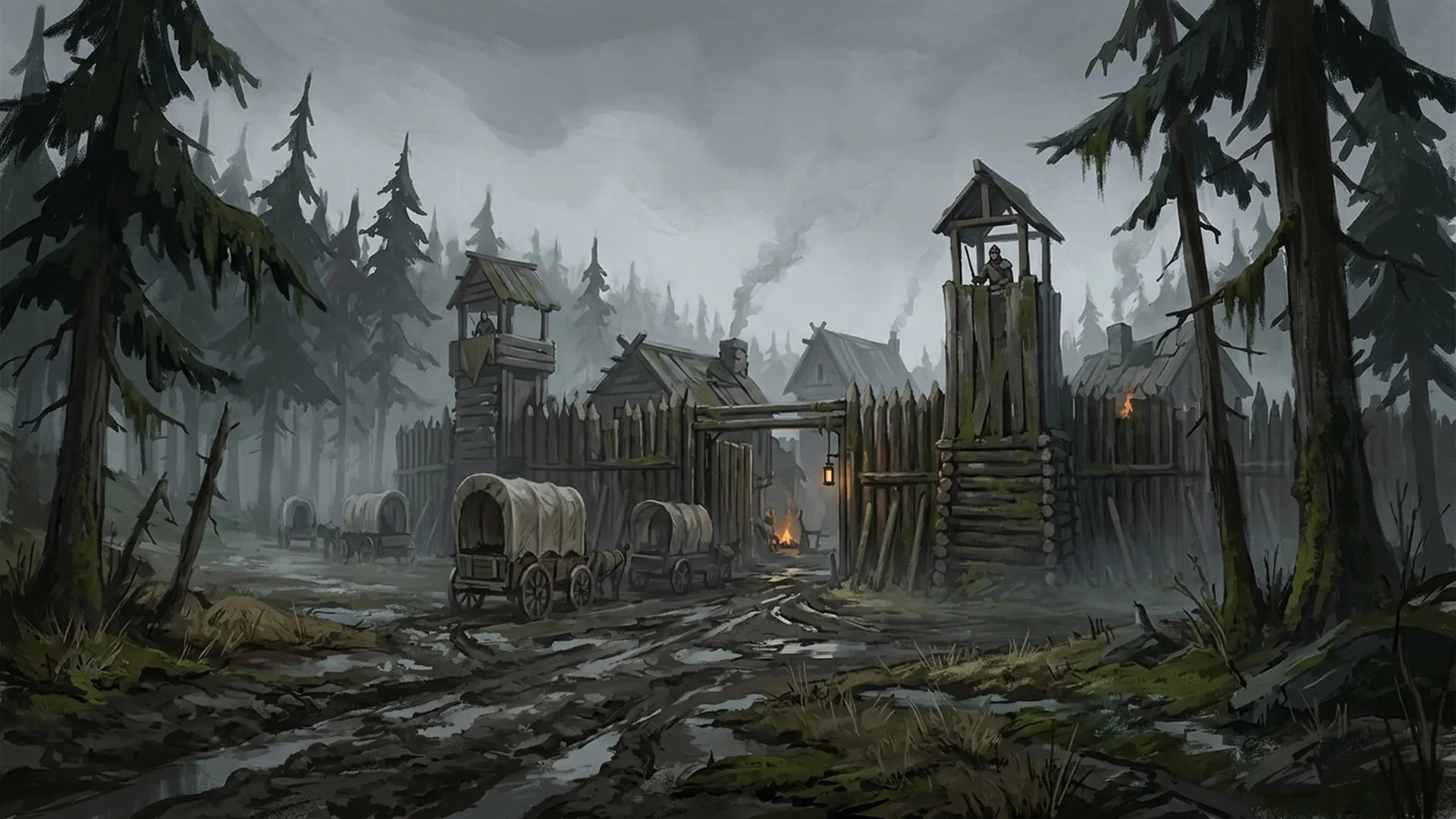 A fortified wooden gate at the entrance to Grimhold, wagons parked outside under a stormy sky.