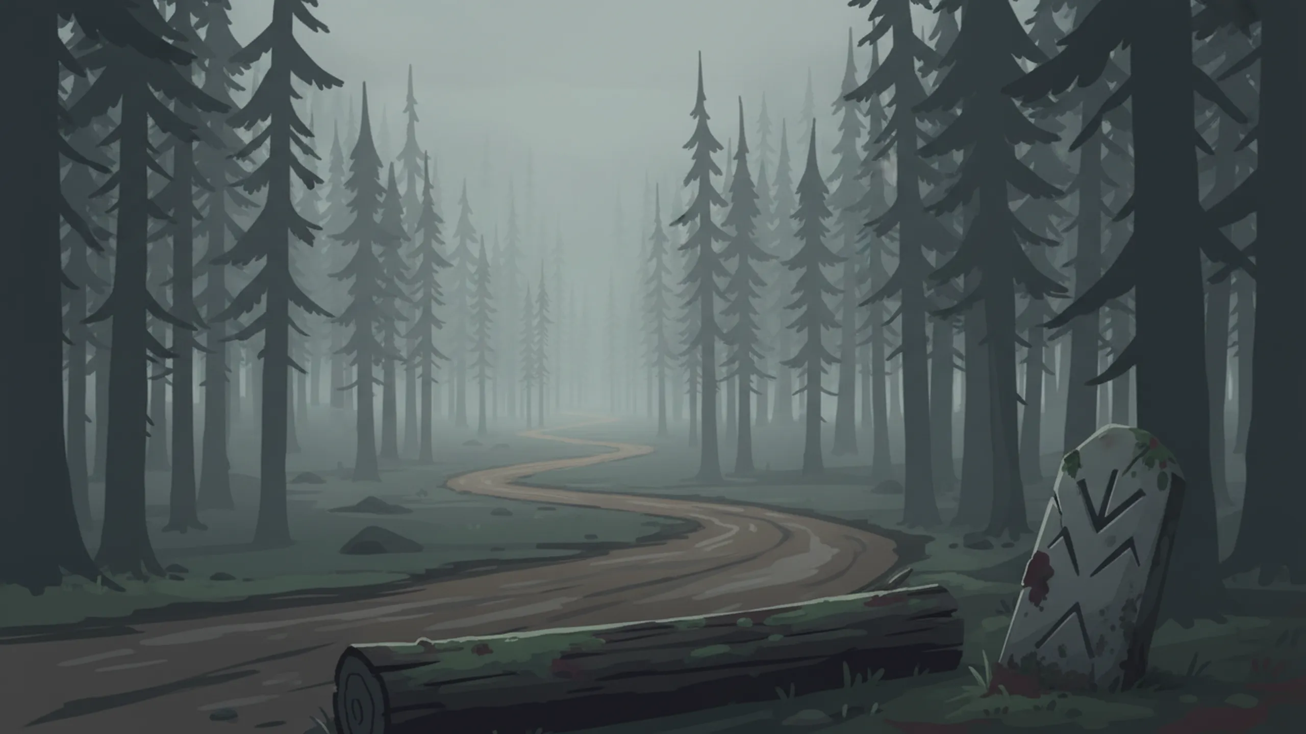 A dirt road cutting through a dead, silhouetted pine forest under a heavy grey sky.