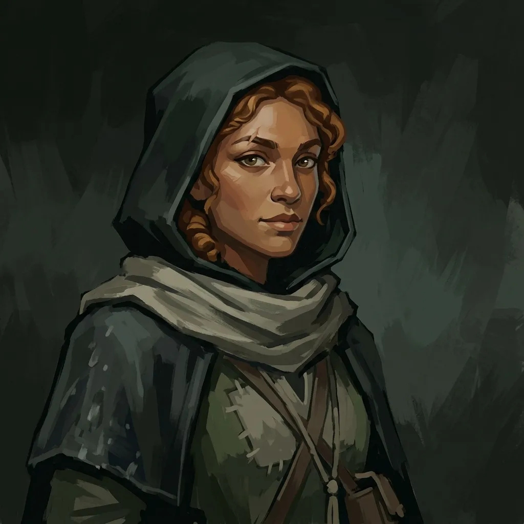 Portrait of Lyra Threadcaller, a young woman in a hood and scarf with curly auburn hair.