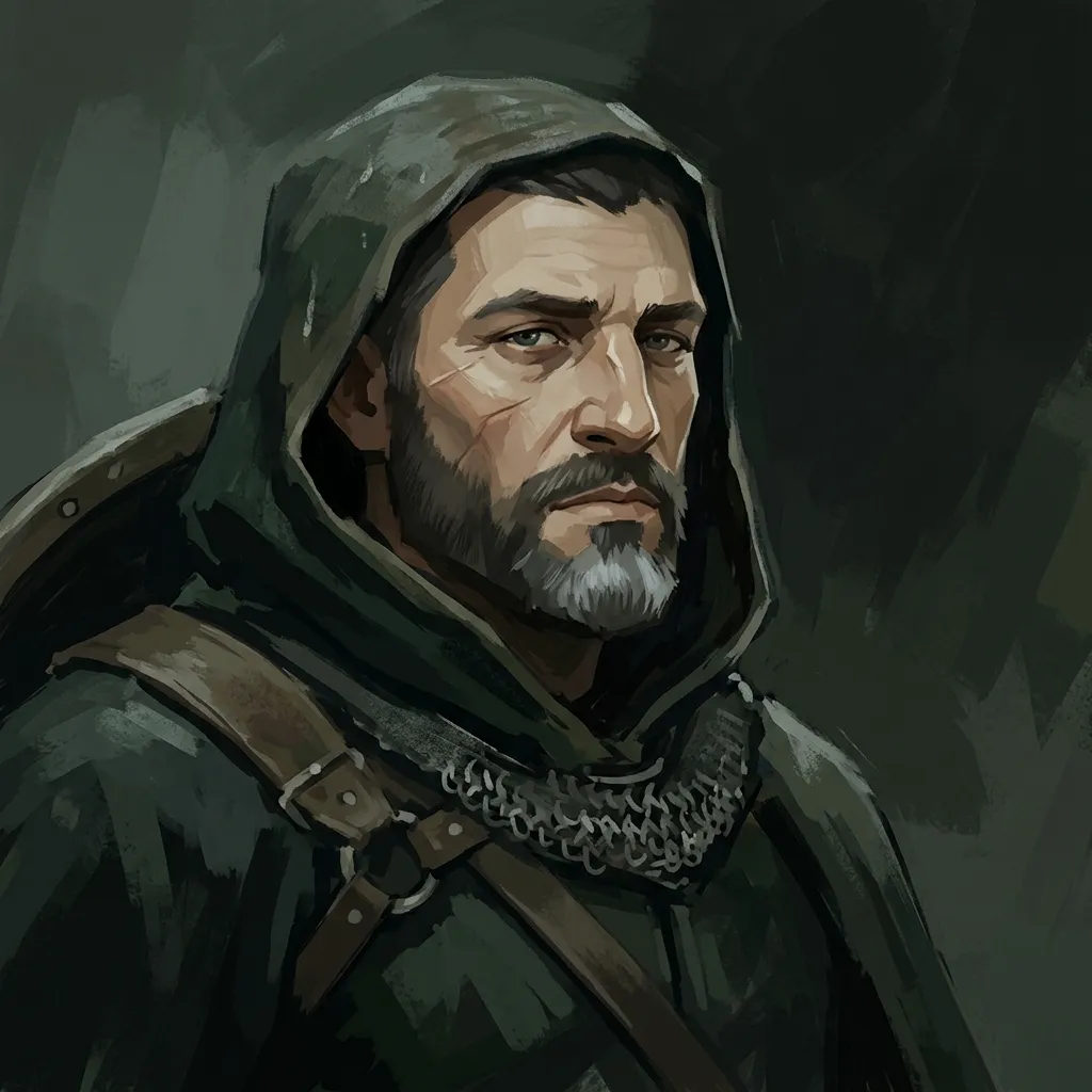 Portrait of Rowan Ashguard, a hooded traveler with a grey beard and leather shoulder straps.
