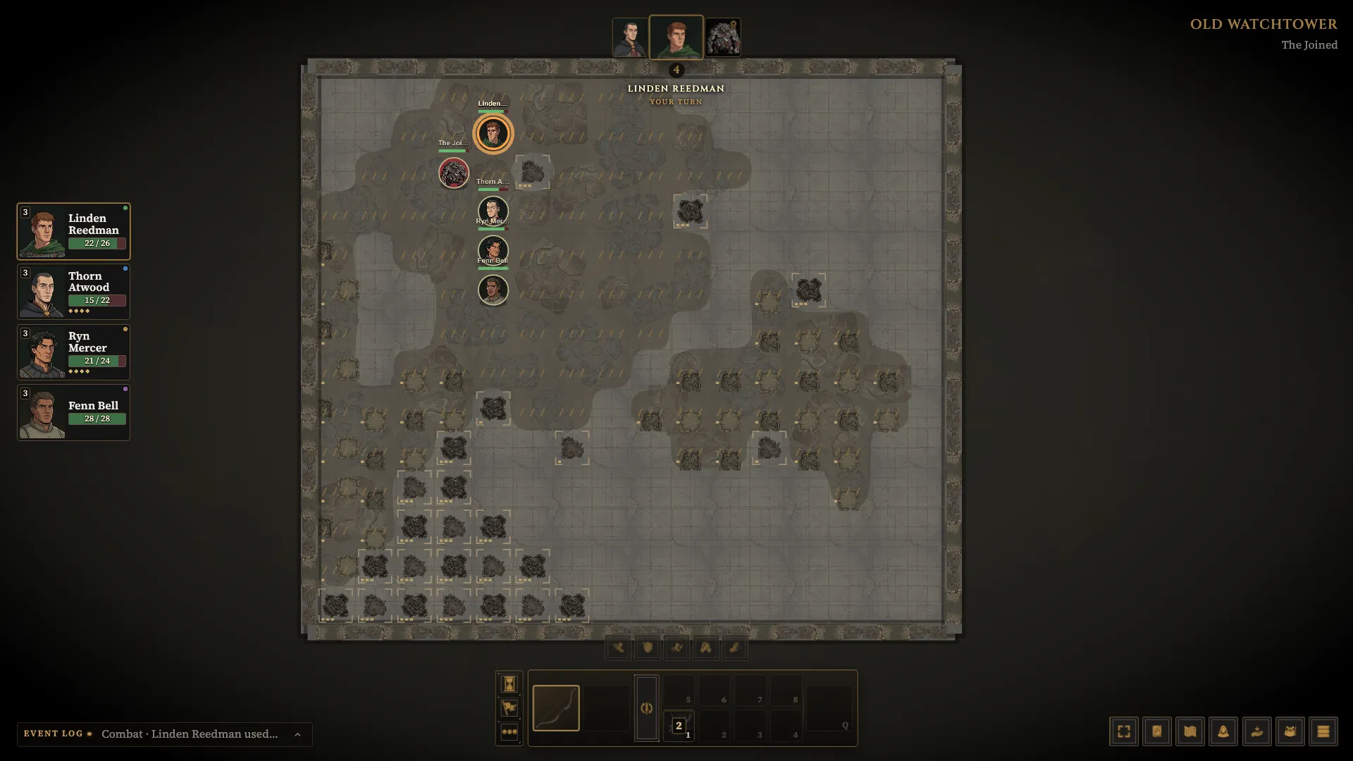 Four wounded adventurers with distinct portraits face the wounded Joined on the Watchtower Crown tactical battlefield.