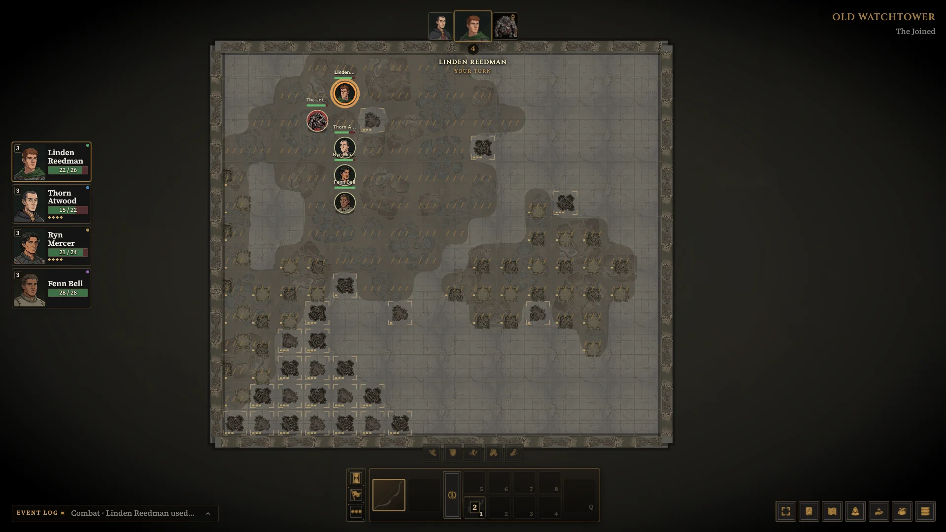 A wounded Ranger, Arcanist, Keeper, and Guardian face the wounded Joined at the Watchtower Crown, with turn order and the ability bar visible.