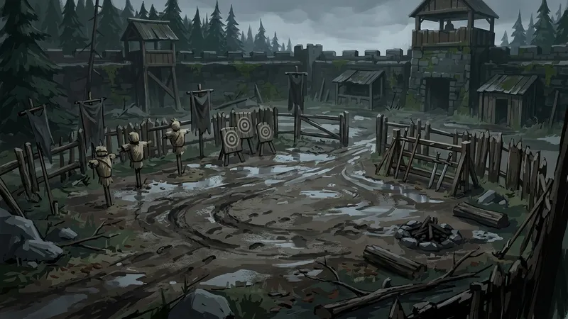 A muddy training ground with archery targets and practice weapons inside a fortified camp.