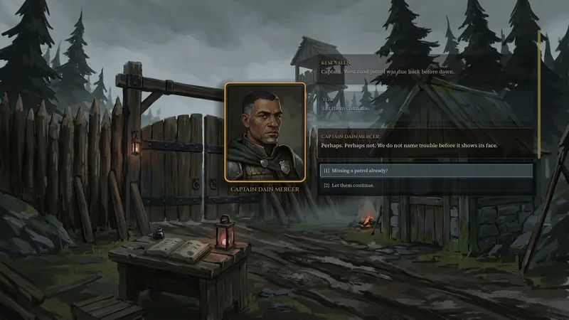 A conversation with Captain Dain Mercer at a frontier gate, showing the active speaker portrait, transcript, and response choices.