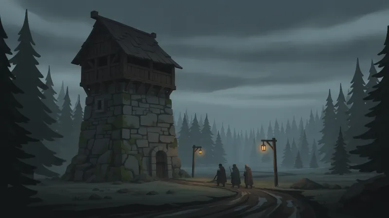 A party of three walking a muddy road toward a stone watchtower at dusk.