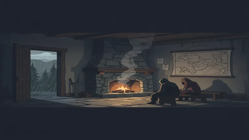 Two travelers resting by a fireplace beneath a hand-drawn regional map in a guild hall.